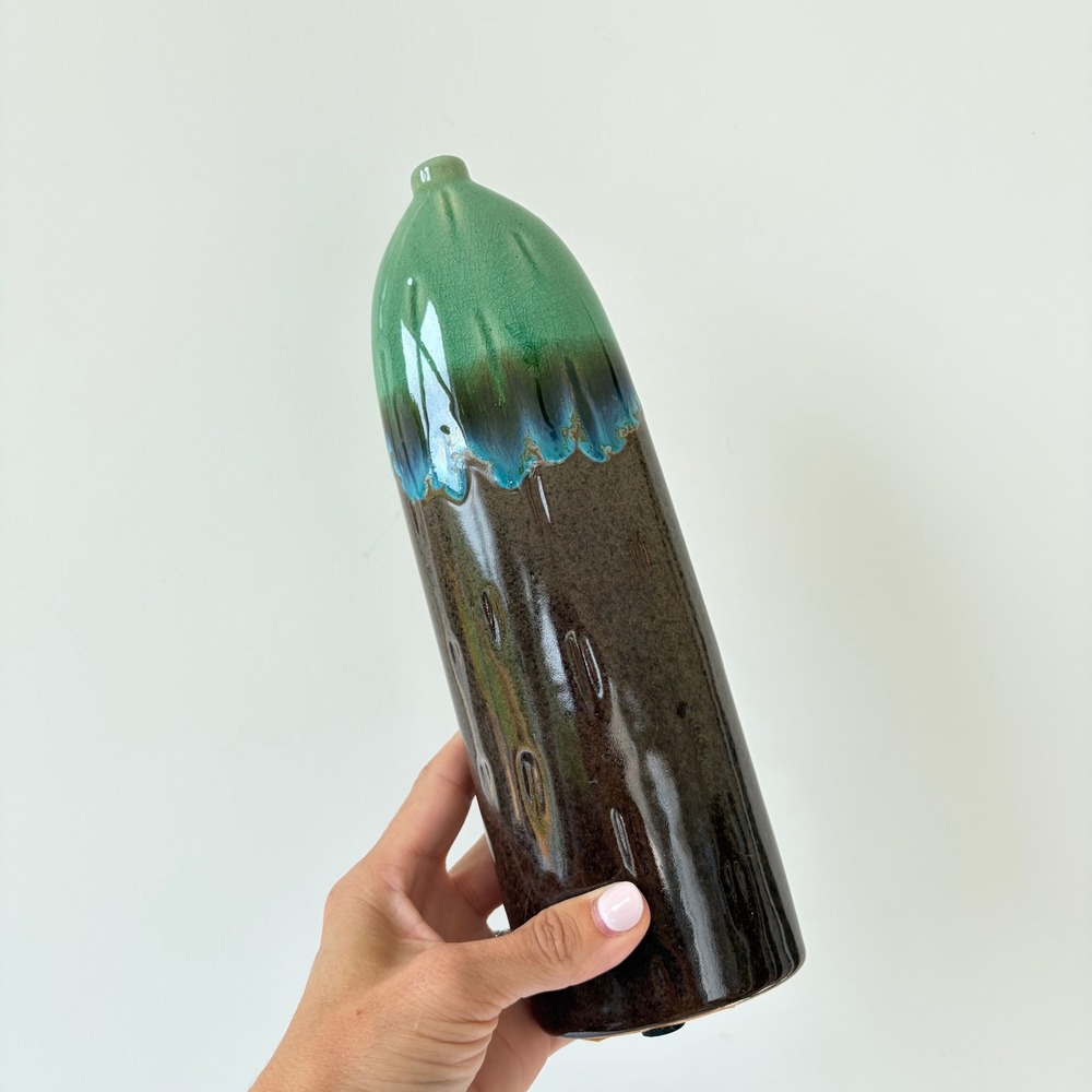 Hostess Potteries Drip Glaze Ceramic Bud Vase Set 2 Green Brown Blue 10.5" 2005 - Picture 5 of 9